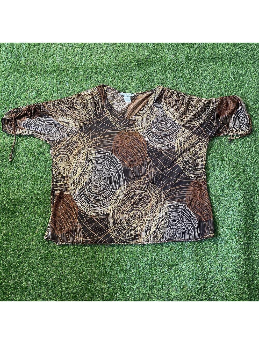 Vintage Y2K Caran New York Brown and beige swirl pattern blouse with tie sleeves